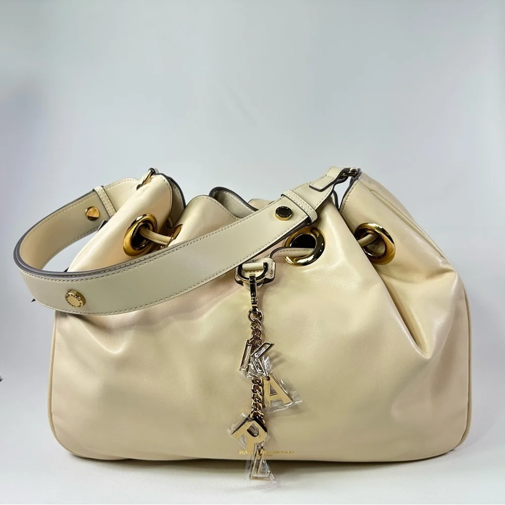 NEW Karl Lagerfeld Cream Desiree Leather Shoulder Crossbody Drawstring Bag - Picture 3 of 16